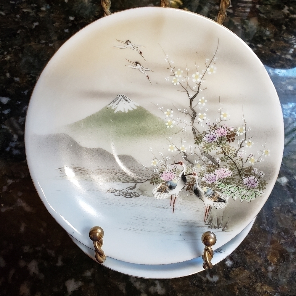 vintage Japanese Saucer Set Hand Painted Birds Cherry Blossom Moriage - Picture 6 of 8